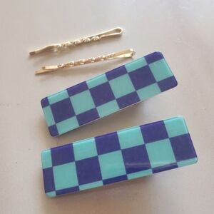 NEW Trendy Set 4 Blue Checkered Hair Clips